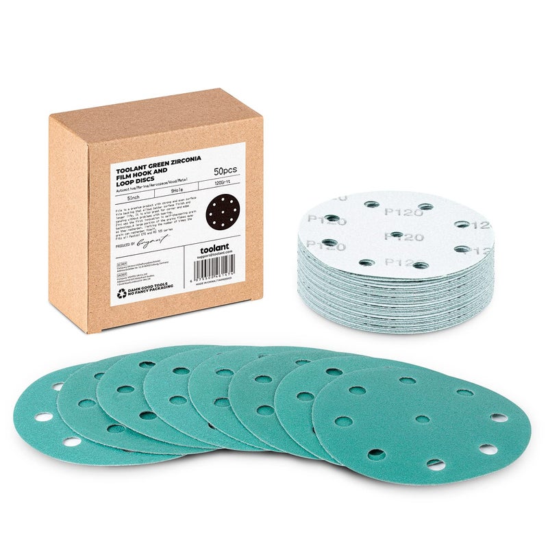 toolant 5 Inch 9 Hole 120 Grit Sanding Disc, Hook and Loop Film Backing Sanding Discs Compatible with Festool Sanders by - 50 Pack - Image 1